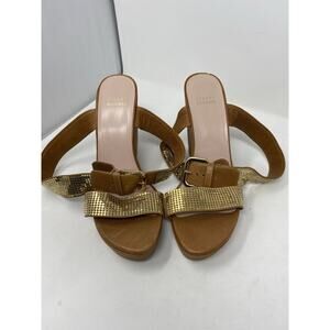 Stuart Weitzman 9 M Shoes Tan Gold Ankle Halter Wrap Espadrille Wedge Sandal Y2K
